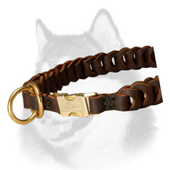 Brass hardware of leather dog collar for Siberian Husky
