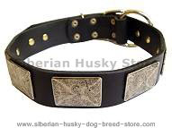 Handcrafted Leather Dog Collar With Vintage Massive Plates Handcrafted Leather Dog Collar With Vintage Massive Plates