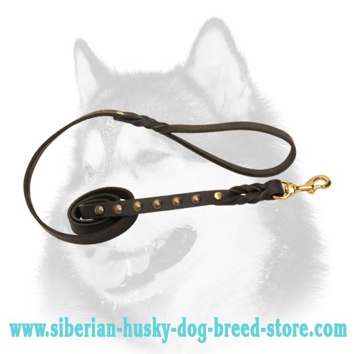 Siberian Husky leather dog leash decorated with braids and studs