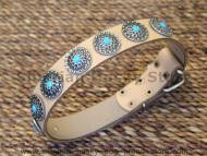 Tan Leather Dog Collar with Silver Plated Circles Blue Stones Tan Leather Dog Collar with Silver Plated Circles Blue Stones