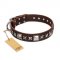 "Perfect Impression" FDT Artisan Brown Leather Siberian Husky Collar with Silver-Like Studs - 1 1/2 inch (40 mm) Wide