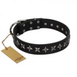 "Lights-out" FDT Artisan Black Leather Siberian Husky Collar with Silver-like Set of Stars