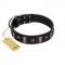 "Pirates' Symbol" Fashionable FDT Artisan Black Leather Siberian Husky Collar with Silver-Like Plates and Gold-Like Skulls