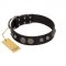 "Tricky Ricky" FDT Artisan Black Leather Siberian Husky Collar Adorned with Silver-Like Conchos