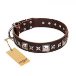 "Perfect Impression" FDT Artisan Brown Leather Siberian Husky Collar with Silver-Like Studs - 1 1/2 inch (40 mm) Wide