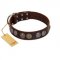 "Treasure Hunter" FDT Artisan Brown Leather Siberian Husky Collar with Old-Bronze-like and Silvery Medallions
