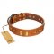 "Woofy Dawn" FDT Artisan Tan Leather Siberian Husky Collar with Plates and Rhombs