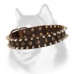 Leather Dog Collar for Siberian Husky with Stylish Spikes and Half Spheres Decoration