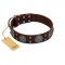 "Hypnotic Stones" FDT Artisan Brown Leather Siberian Husky Collar with Chrome Plated Brooches and Square Studs