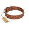 "Waltz of the Flowers" Handmade FDT Artisan Tan Leather Siberian Husky Collar with Chrome-plated Engraved Studs