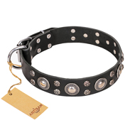 FDT Artisan 'Vintage Necklace' Studded Black Leather Siberian Husky Dog Collar - 1 1/2 inch (40mm) wide