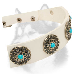 Blue stones adornment of leather dog collar for Husky 