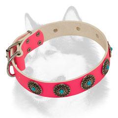Fashion pink leather dog collar for Siberian Husky