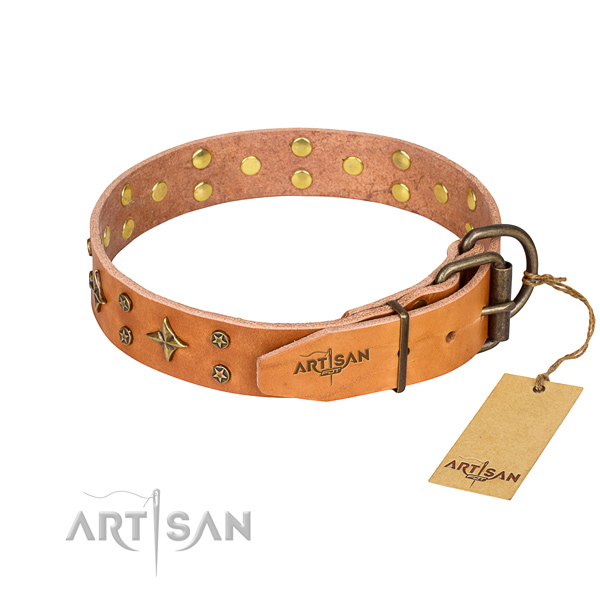 Handy use full grain genuine leather collar with decorations for your pet