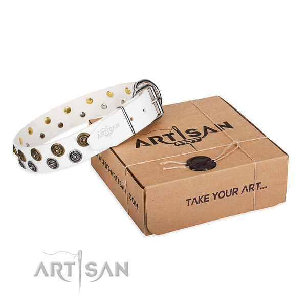 Decorated full grain natural leather dog collar for easy wearing