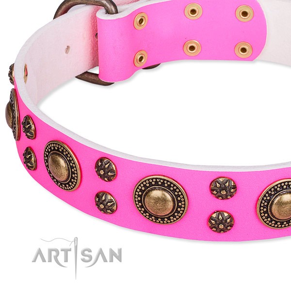 Natural genuine leather dog collar with remarkable decorations