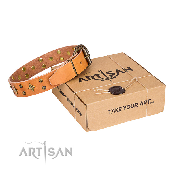 Decorated natural genuine leather dog collar for stylish walks