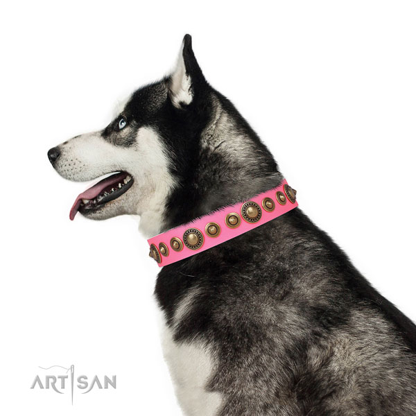Strong buckle and D-ring on natural leather dog collar for daily walking