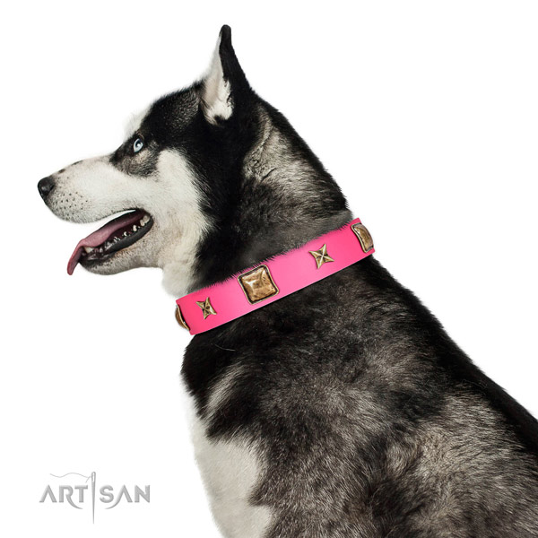 Full grain genuine leather dog collar of soft material with fashionable decorations
