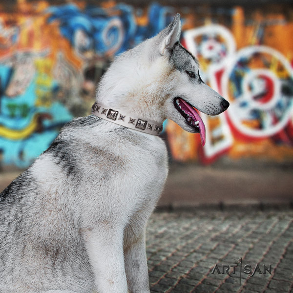 Siberian Husky inimitable adorned genuine leather dog collar
