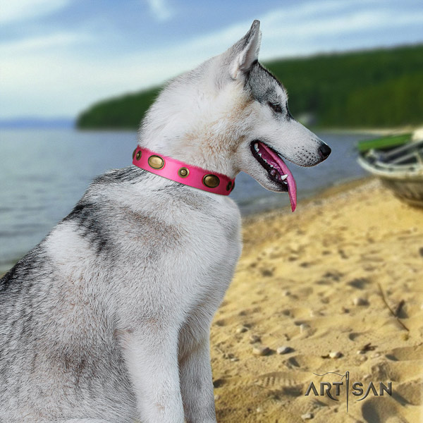 Siberian Husky awesome decorated natural leather dog collar for handy use