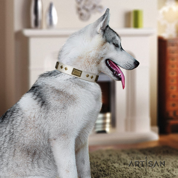 Siberian Husky stylish design embellished full grain leather dog collar