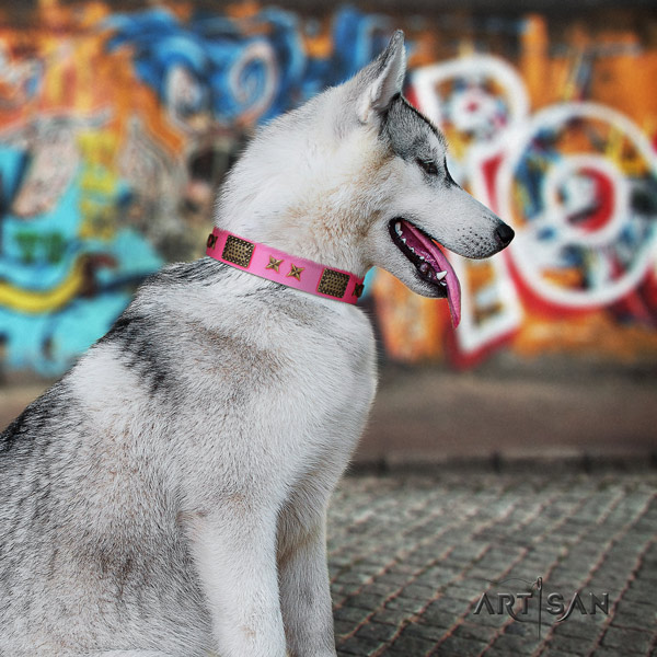 Siberian Husky designer adorned leather dog collar