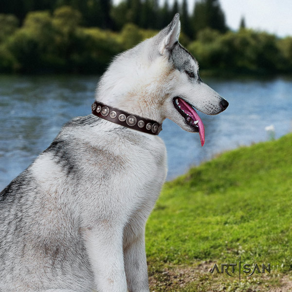 Siberian Husky trendy decorated natural genuine leather dog collar