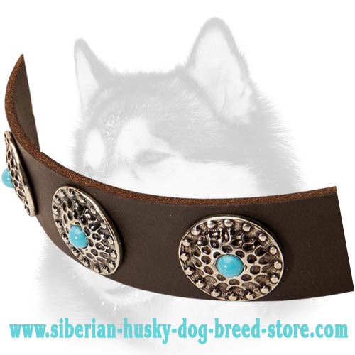 Get Leather Dog Collar, Blue Decorative Stones