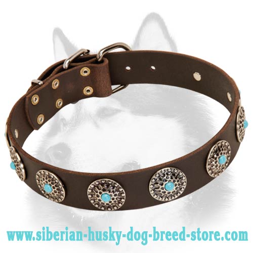 Gorgeous Leather Collar Silver Plated Circles with Blue Stones