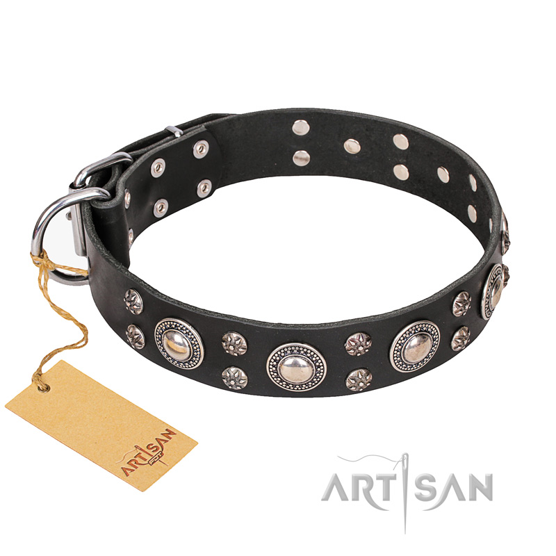 FDT Artisan 'Vintage Necklace' Studded Black Leather Siberian Husky Dog Collar - 1 1/2 inch (40mm) wide