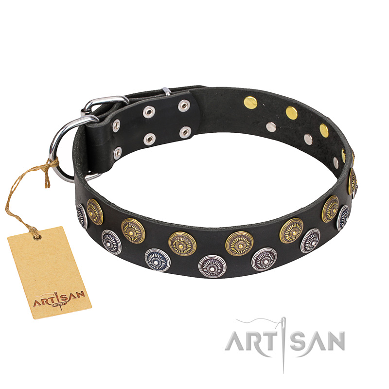 "Romantic Breeze" FDT Artisan Black Leather Siberian Husky Collar - 1 1/2 inch (40 mm) wide