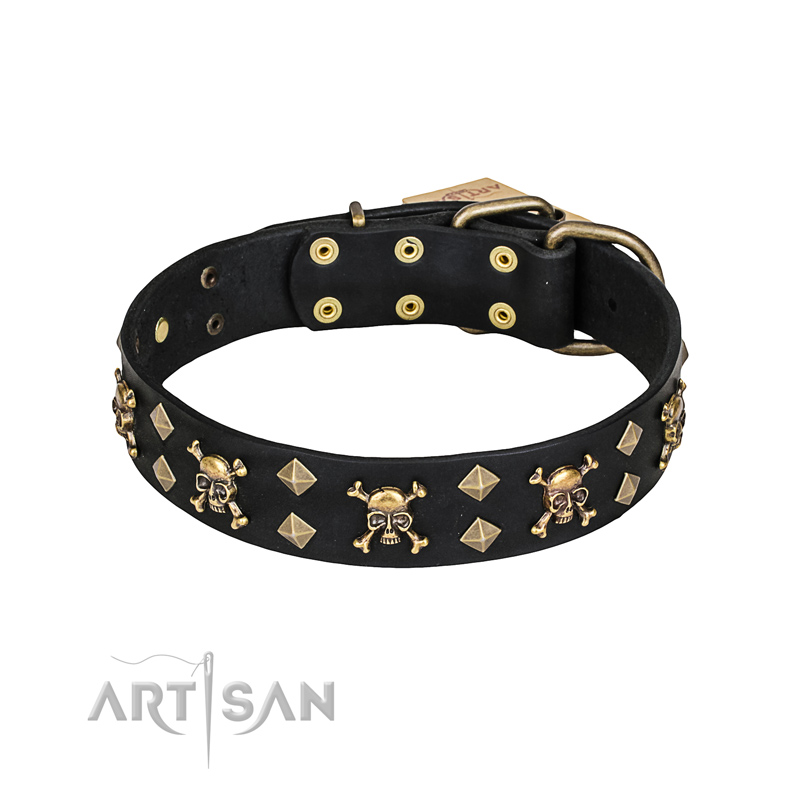 'Jolly Rojer' FDT Artisan Siberian Husky Leather Dog Collar with Pirate Skulls and Studs