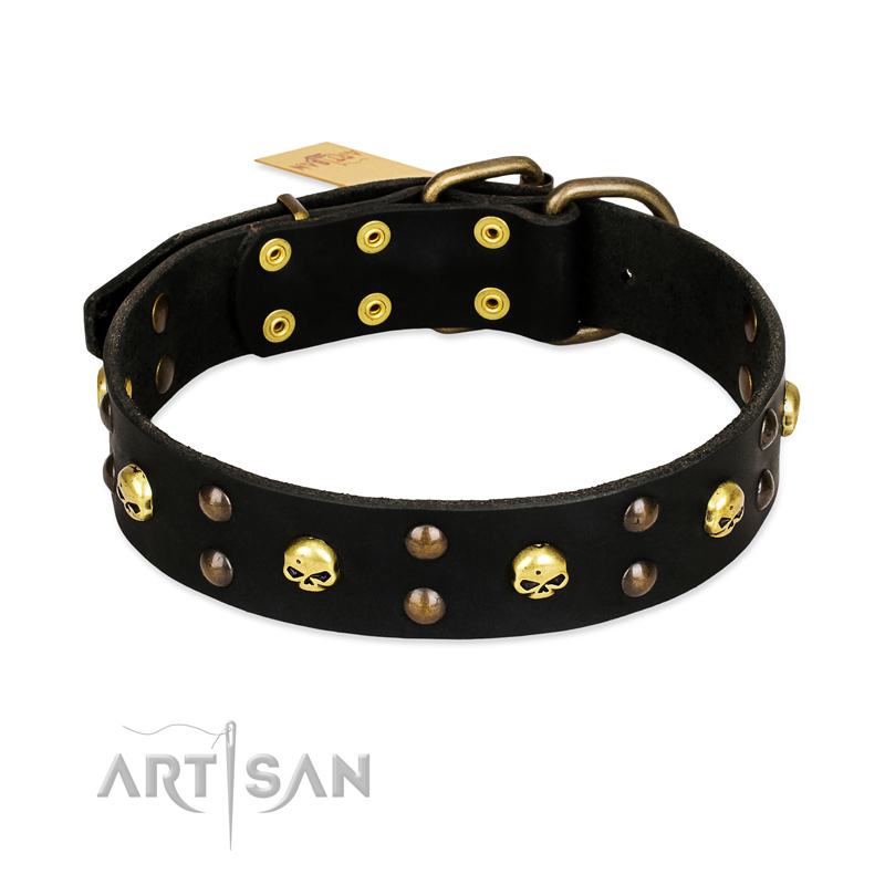 FDT Artisan 'Heavy Metal' Leather Siberian Husky Collar with Skulls and Half-Balls 1 1/2 inch (40 mm)