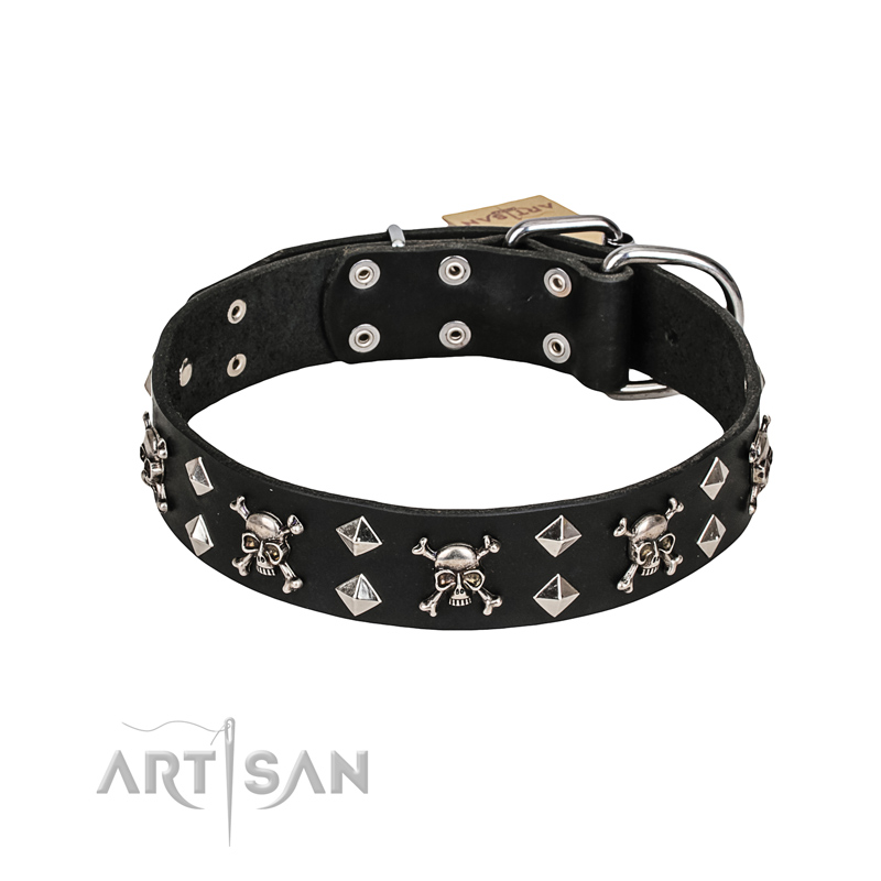 FDT Artisan 'Rock 'n' Roll Style' Fancy Leather Siberian Husky Collar with Skulls, Bones and Studs 1 1/2 inch (40 mm) wide