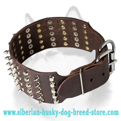 Fashion Spiked and Studded Siberian Husky Leather Dog Collar Wide - Click Image to Close