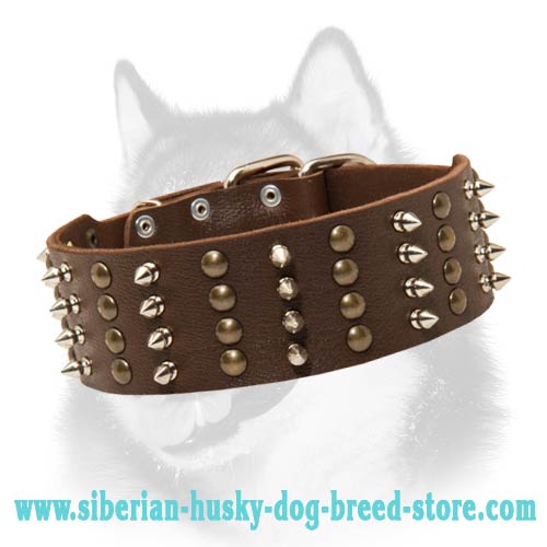 Spiked and Studded Latigo Leather Siberian Husky Collar