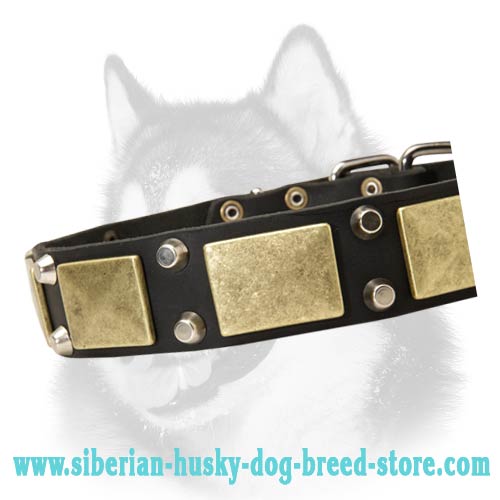 Leather Dog Collar with Plates and Cones Decoration for Siberian Husky