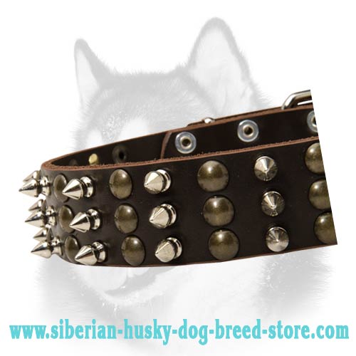 Siberian Husky Leather Dog Collar with Mixed Adornment - Click Image to Close