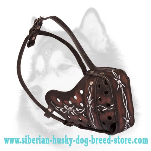 Super Stylish "Barbed Wire" Painted Leather Muzzle for Siberian Husky
