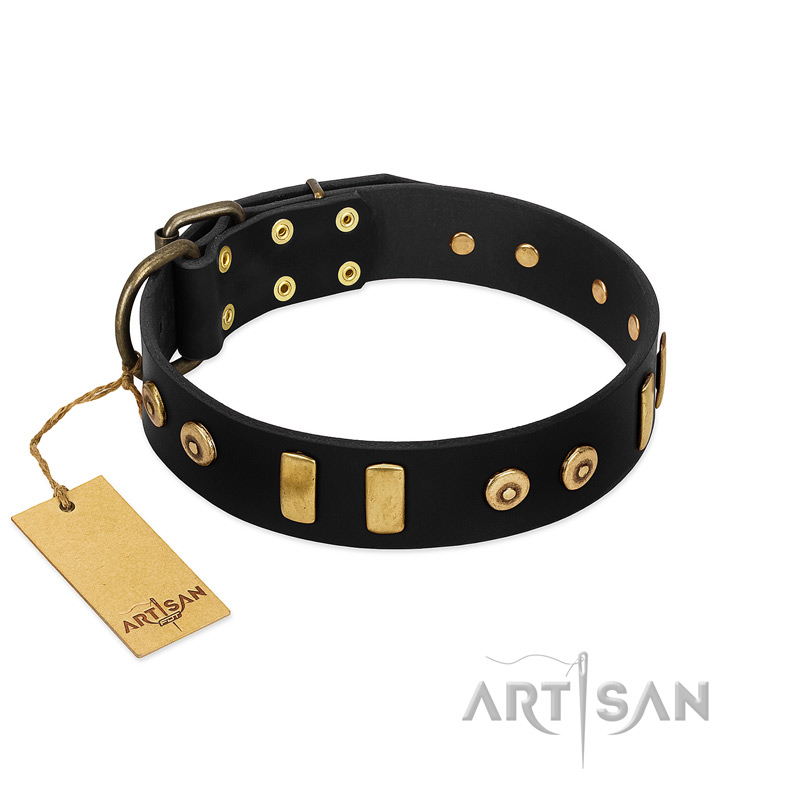"Rare Dog" FDT Artisan Black Leather Siberian Husky Collar with Old Bronze-like Dotted Studs and Tiles