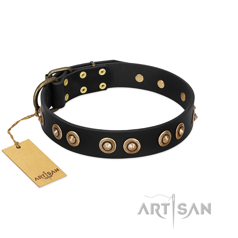 "Golden Artifact" FDT Artisan Black Leather Siberian Husky Collar with Old-bronze Covered Medallions