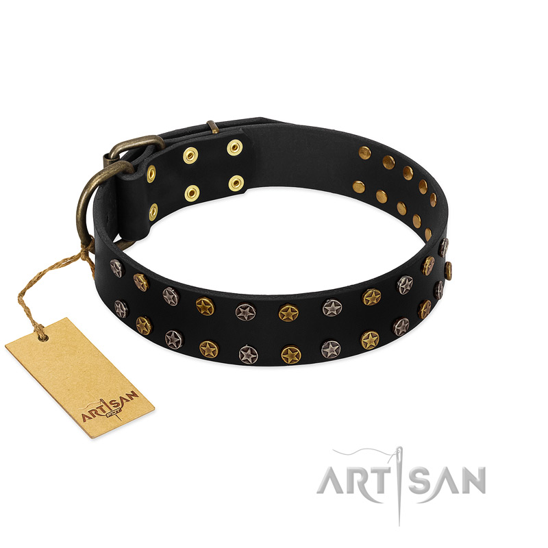 "Star Way" FDT Artisan Black Leather Siberian Husky Collar with Bronze-like and Silver-like Star Studs - Click Image to Close