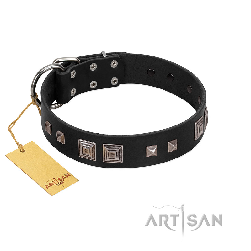 "Foregone Riches" FDT Artisan Black Leather Siberian Husky Collar with Old Silver-like Square Studs and Pyramids
