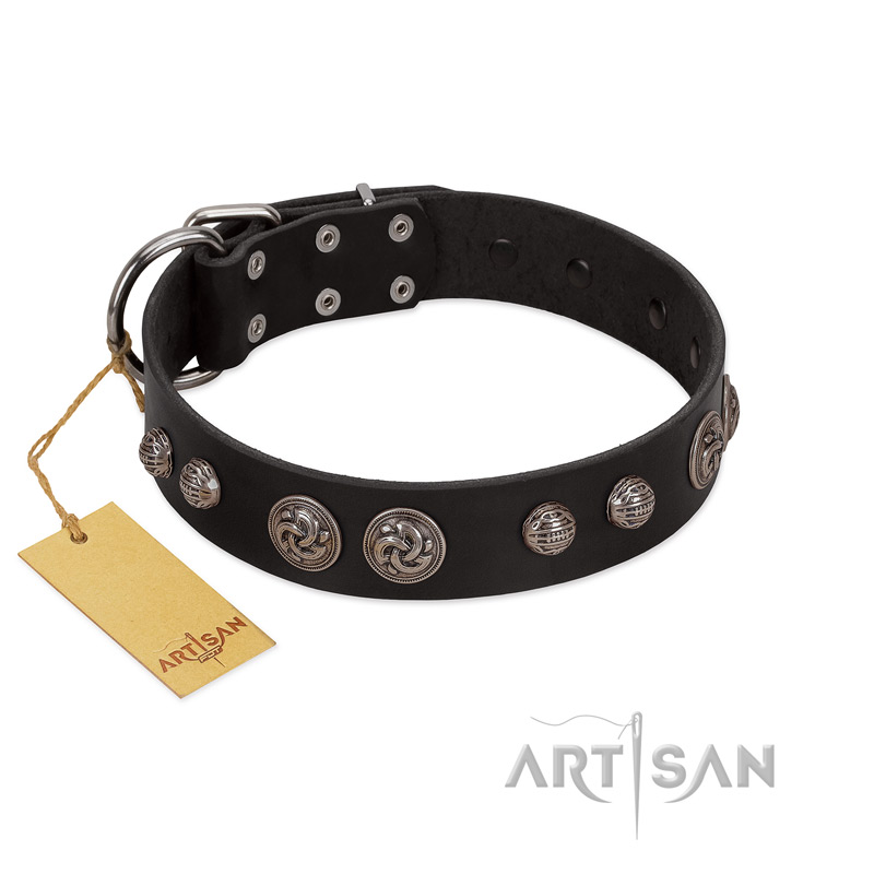 "Tricky Ricky" FDT Artisan Black Leather Siberian Husky Collar Adorned with Silver-Like Conchos - Click Image to Close