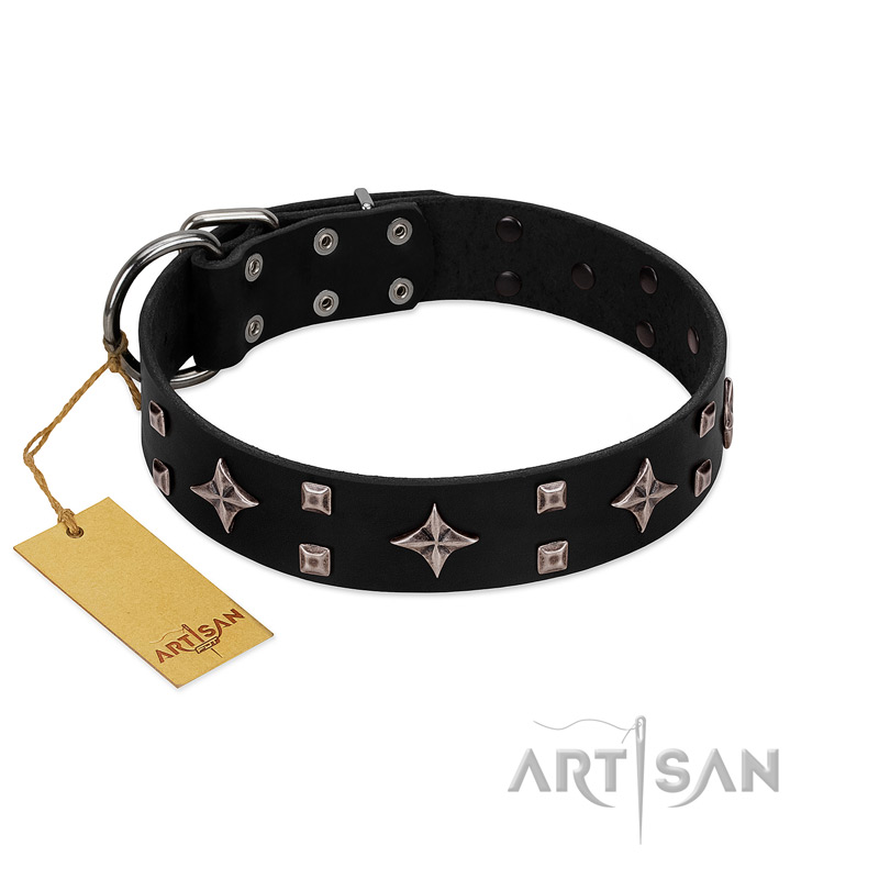 "Snappy Dresser" FDT Artisan Black Leather Siberian Husky Collar Adorned with Stars and Tiny Squares