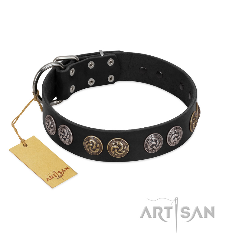 "Mister Exclusive" Designer FDT Artisan Black Leather Siberian Husky Collar with Medallions