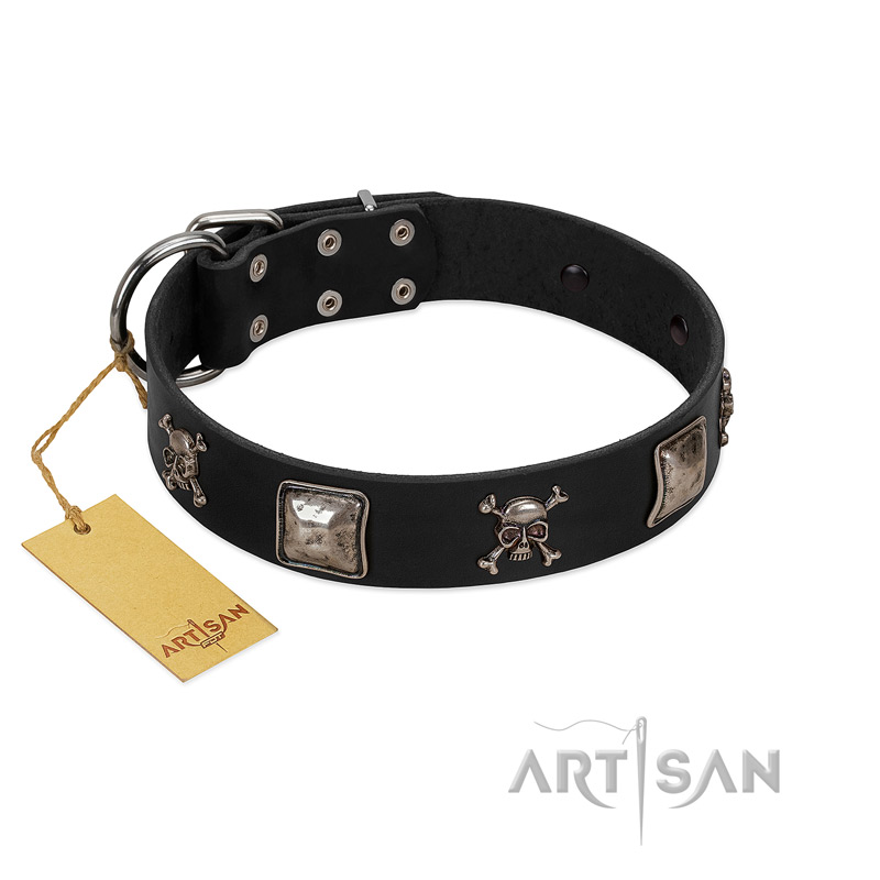 "Sea Rover" Embellished FDT Artisan Black Leather Siberian Husky Collar with Chrome Plated Crossbones and Plates