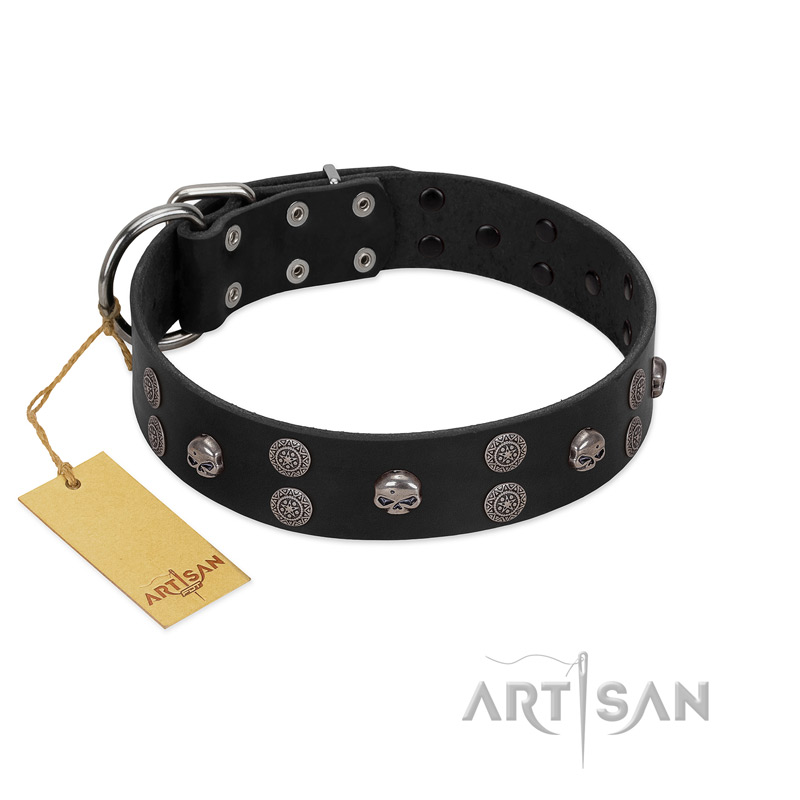 "Skull Art" Designer Handmade FDT Artisan Black Leather Siberian Husky Collar with Skulls