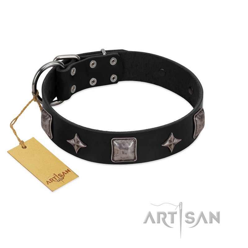 "Black Cavalier" Handmade FDT Artisan Black Leather Siberian Husky Collar with Silver-Like Stars and Large Plates